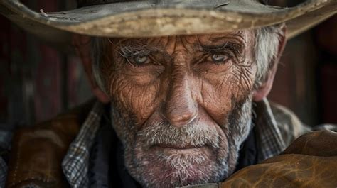 A portrait of a weathered and worn cowboy his face etched with deep ...