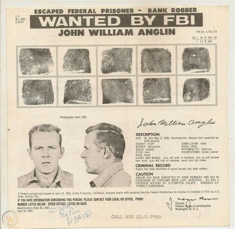 "JOHN WILLIAM ANGLIN" FBI WANTED POSTER: ESCAPED PRISONER FROM ALCATRAZ ...