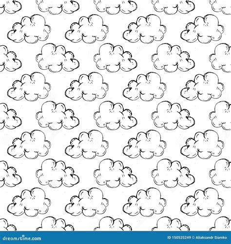 Seamless Pattern Handdrawn Cloud Doodle Icon Hand Drawn Black Sketch