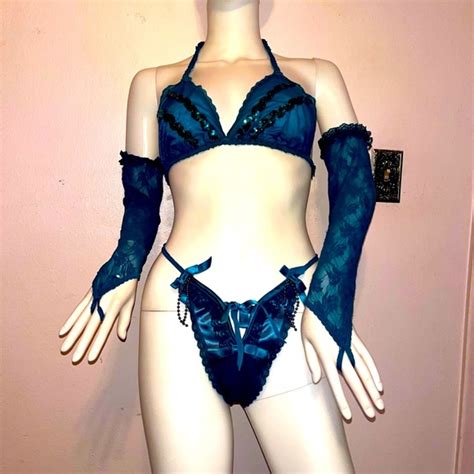 Unb Intimates Sleepwear 6 Piece Teal Lingerie Set W Sequin Sheer