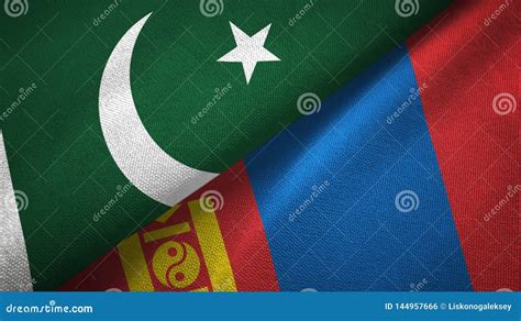 Pakistan And Mongolia Two Flags Textile Cloth Fabric Texture Stock