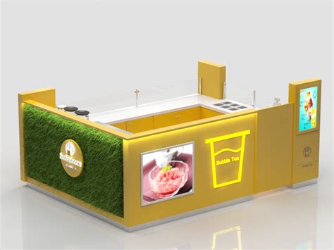 Yellow Bubble Tea Kiosk With Fake Plant Decoration Mall Kiosks Food