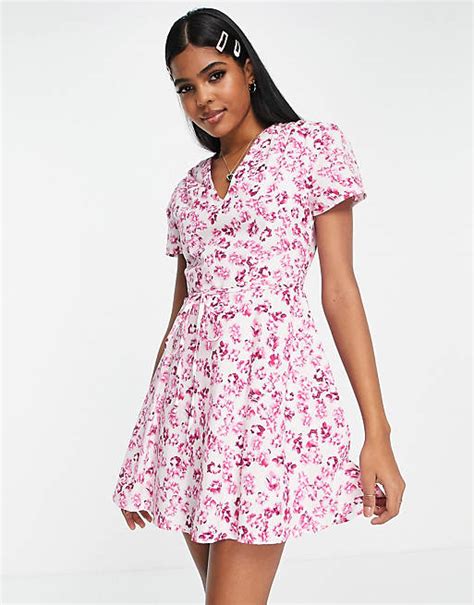 Glamorous V Neck Mini Tea Dress With Tie Waist In Pink Floral Asos