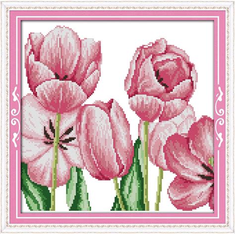 Joy Sunday Sewing Machine Cross Flower Style Pink Tulips Simple Counted