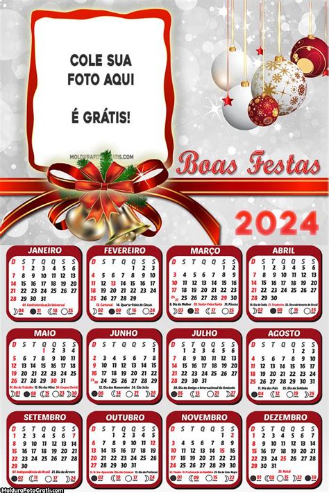 Calendário Boas Festas Feliz Natal 2024 Foto Molduras