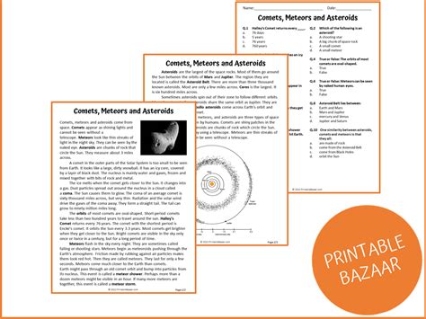 Comets Meteors And Asteroids Reading Comprehension Passage And