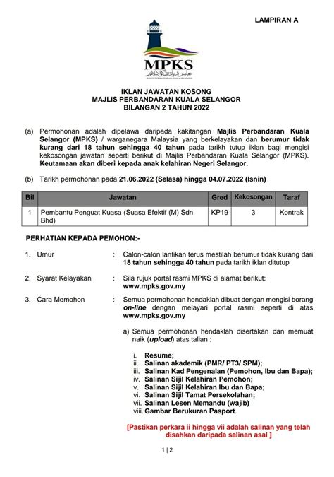 Iklan Jawatan Majlis Perbandaran Kuala Selangor • Portal Kerja Kosong