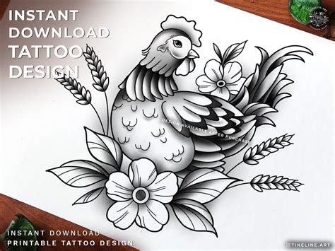 Tattoo Design Floral Rooster Chicken With Wheat Feminine,fineline Black ...