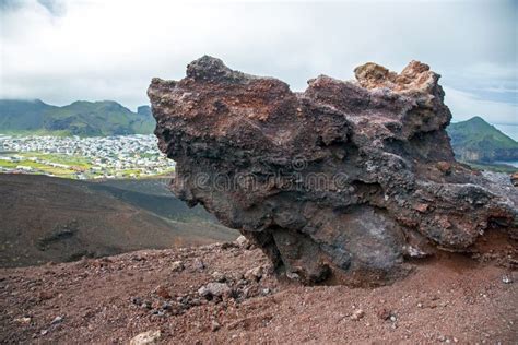 Extinct Volcano Eldfell On The Background Of The Island Heimaey Stock ...