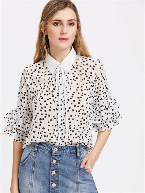 Polka Dot Print Tie Neck Layered Ruffle Sleeve Blouse Sheinsheinside