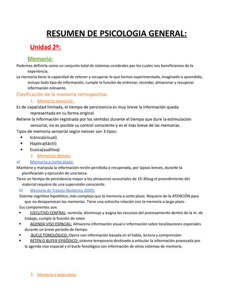 Resumen De Psicologia General Unidad 2 Y 333 Resumen De Psicologia General Unidad 2º Memoria