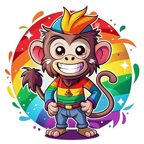 Una Caricatura De Un Mono Con Un Fondo Arco Iris Vector Premium