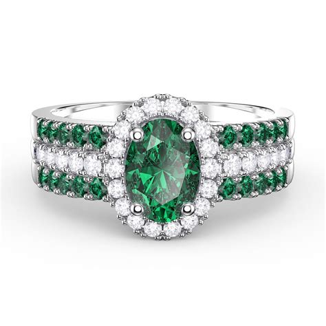 Eternity Emerald Oval Halo 18k White Gold Engagement Ring Set 2e Jian