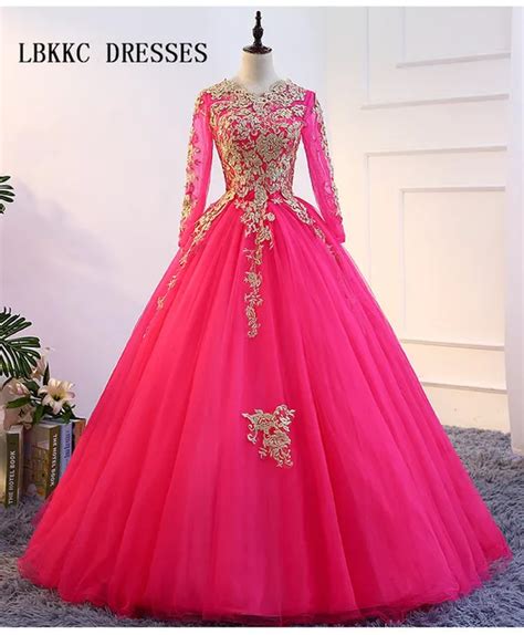 Hot Pink Quinceanera Dresses Long Sleeves Tulle With Lace Ball Gown Vestidos De 15 Anos Girl