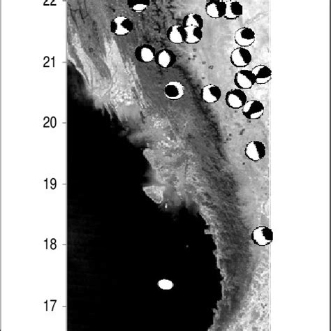 Fault plane solution plots of earthquakes with magnitude ≥ 5.0 M for... | Download Scientific ...