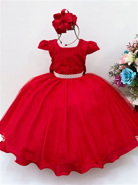 Vestido Infantil Vermelho Tule Cinto Pérolas Luxo Festas Rosa