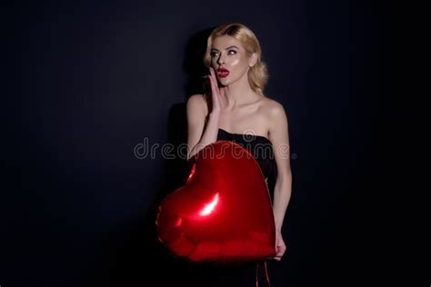 Love And Valentines Day Beautiful Girl Holding Heart Shape Balloon Woman With Red Heart