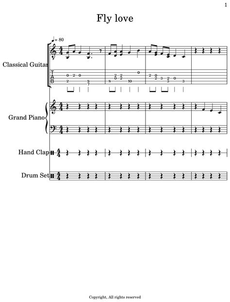 Fly Love Sheet Music For Classical Guitar Piano Drum Set