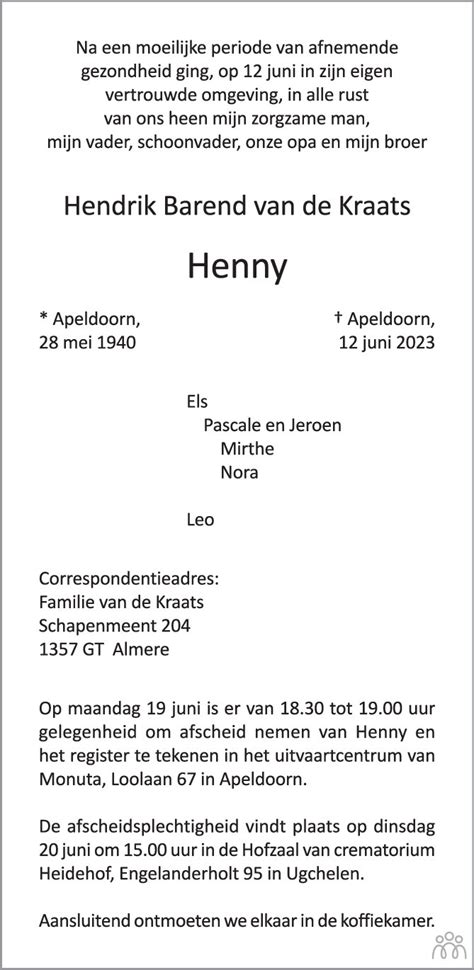 Henny Hendrik Barend Van De Kraats 12 06 2023 Overlijdensbericht En