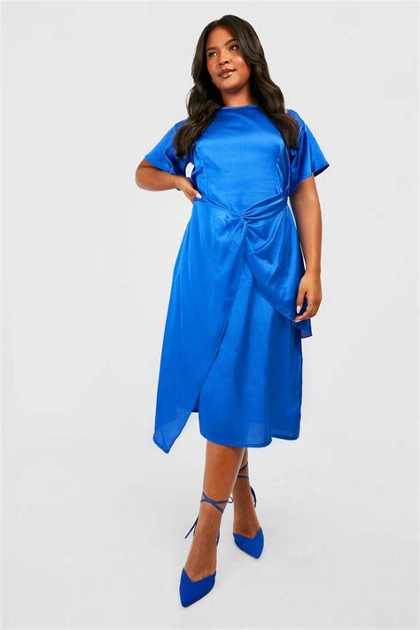 Plus Satin Twist Front Angel Sleeve Midi Dress Boohoo Uk