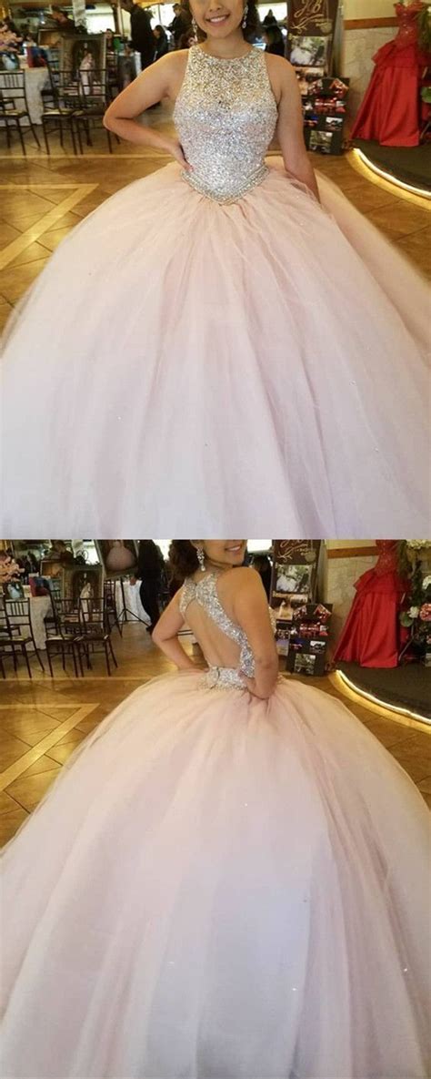 Light Pink Tulle Ball Gowns Quinceanera Dresses Sequins Beaded Scoop