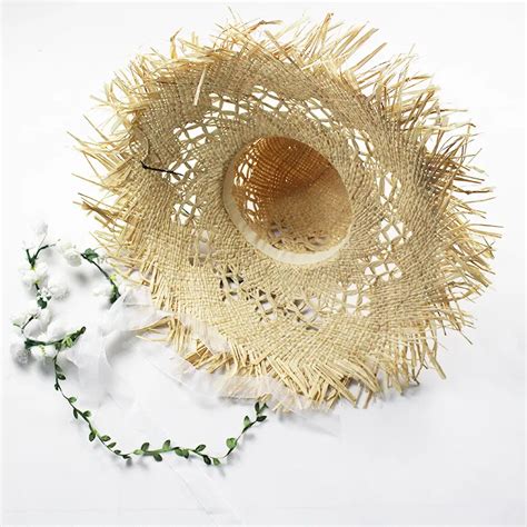 Summer Distressed Straw Hat With Wide Brim Woven Circle Fringe And