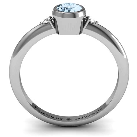 Sterling Silver Round Bezel Solitaire with Twin Accents Ring | Jewlr