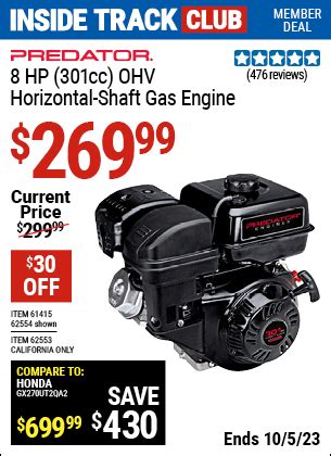 Predator Hp Cc Ohv Horizontal Shaft Gas Engine Epa For