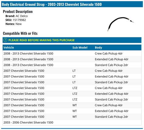 2003 2013 Chevrolet Silverado 1500 Body Electrical Ground Strap Ac Delco 15179982