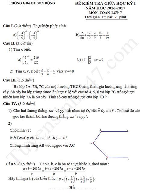 Đề thi giữa học kì 1 lớp 7 môn Toán 2017 Sơn Động