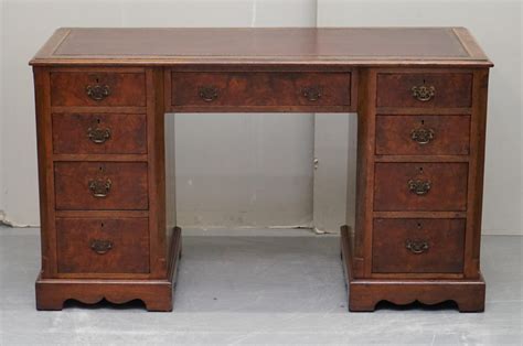 Antique Victorian Burr Walnut Twin Pedestal Partner Desk With Brown