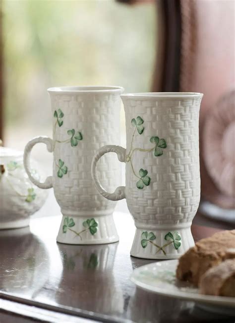 Belleek Shamrock Irish Coffee Mugs Pair Blarney