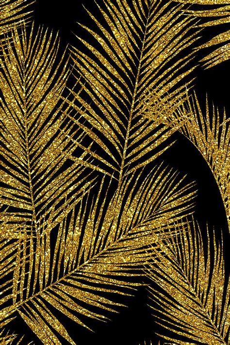 Golden Palm Leaves On Black Background With Gold Glitters In The Dark