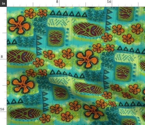 Retro Hawaii Fabric Tiki Turquoise By Woodyworld Vintage Etsy