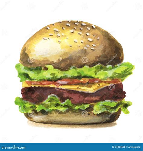 Watercolor Hand Drawn Vector Tasty Big Burger Stock Vector