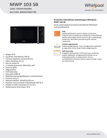 Whirlpool MWP 103 SB Product Data Sheet Manualzz