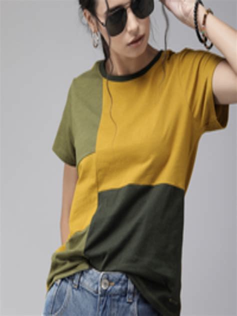 Buy Roadster Women Mustard Yellow Olive Green Colourblocked Round Neck