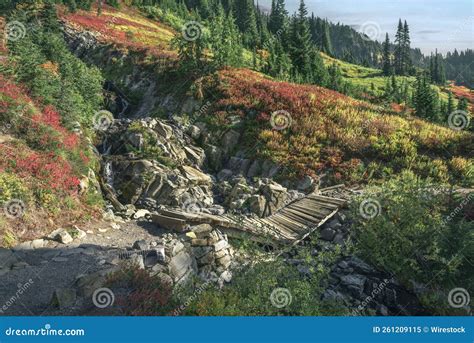 Old Broken Bridge Connected a Trail on Rocky Hill in Autumn Stock Image ...