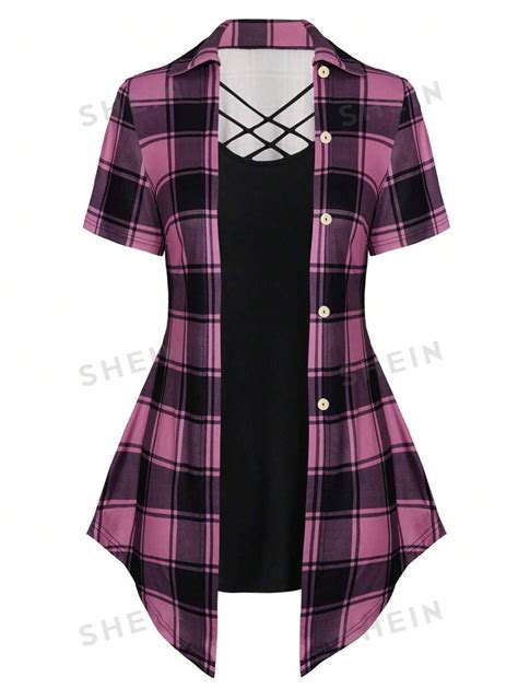 Shein Lune Plus Plaid Print Criss Cross Button Front Asymmetrical Hem