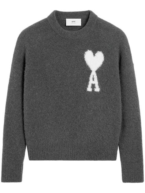 Ami Paris Pull Ami De Coeur Col Rond Gris Farfetch Fr