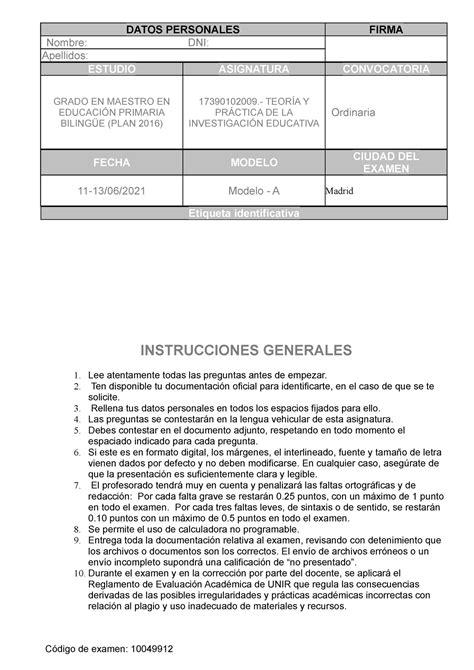 Examen Teoría Y Práctica De La I E Datos Personales Firma Nombre Dni