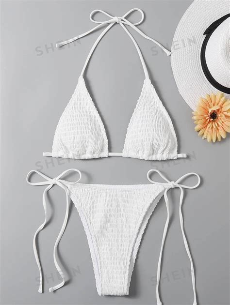 Shein Swim Summer Beach Mono Bikini Set Smocked Micro Triangle Bra And Tie Side Bottom 2 Piece