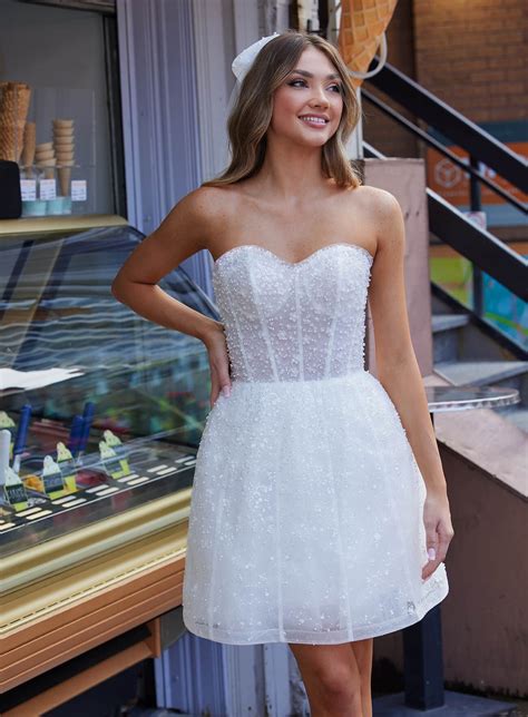 Mini Strapless Bridal Party Dress Gown Beaded With Pearls Puffy
