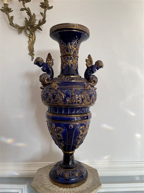 Proantic Grand Vase Balustre Bleu Et Or