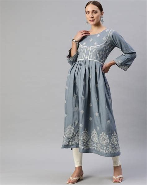 Buy Aarika Women S Grey Color Embroidery Work Flaired Kurti Online At