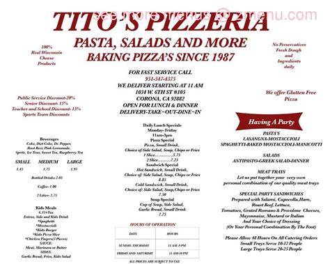 Online Menu Of Titos Pizzeria Restaurant Corona California Zmenu