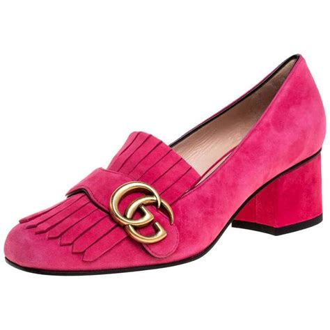 Gucci Pink Suede Gg Marmont Fringe Detail Square Toe Block Heel Pumps