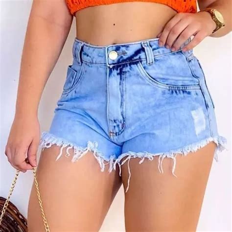 Short Jeans Feminino Hot Pants Cintura Alta Desfiado Parcelamento Sem Juros