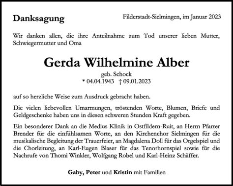 Traueranzeigen Von Gerda Wilhelmine Alber Stuttgart Gedenkt De