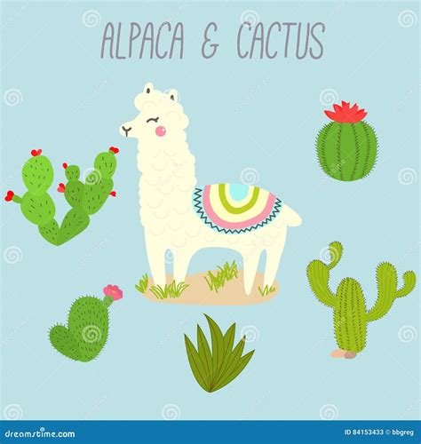 Cute Vector Llama And Cactus Design Elements Illustration Stock